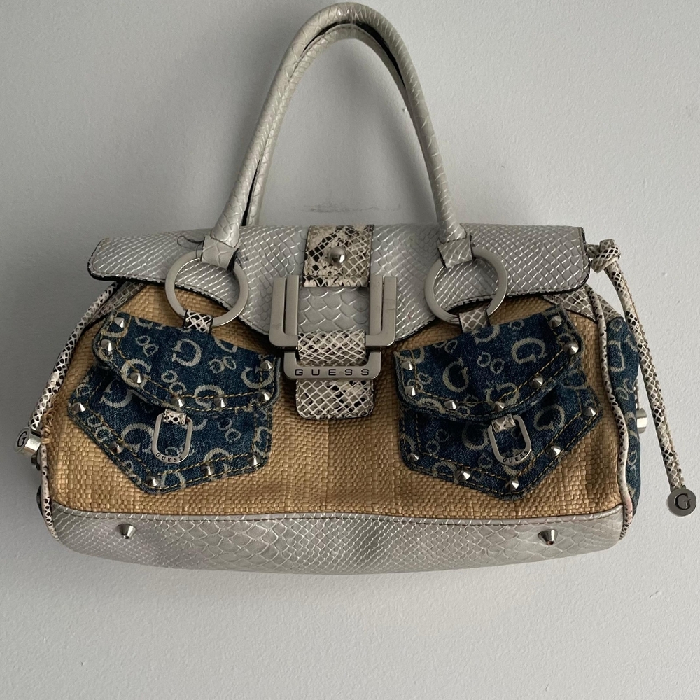 GUESS Vintage Y2K Denim & Straw Handbag • Boho Luxe Mini Bag - Picture 5 of 8